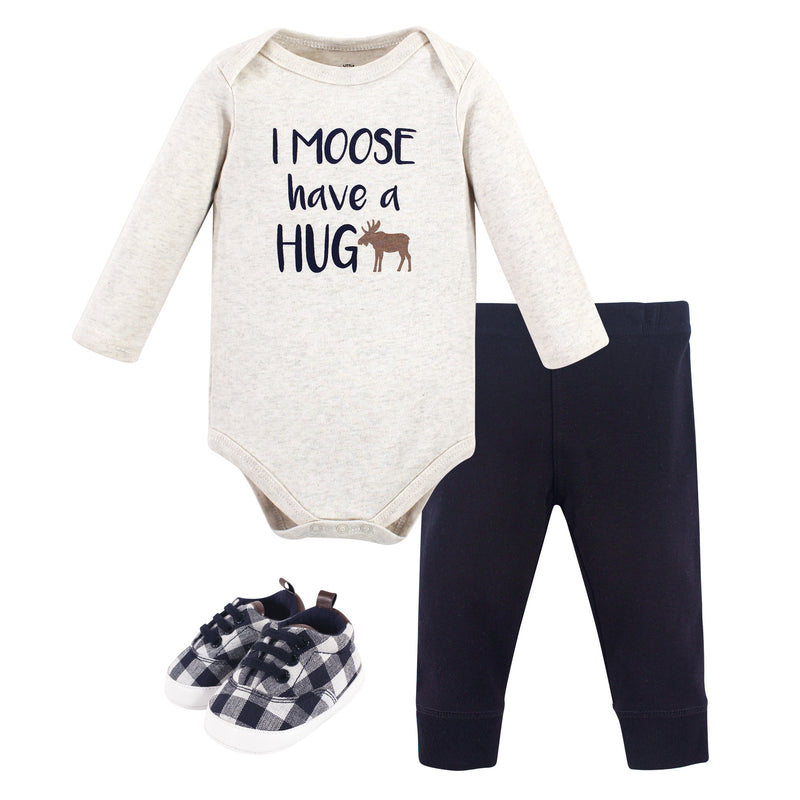 Little Treasure Cotton Bodysuit, Pant and Shoe Set, Moose Hug