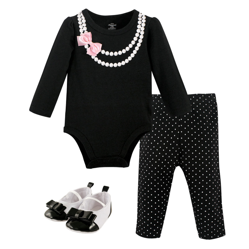 Little Treasure Cotton Bodysuit, Pant and Shoe Set, Pearls