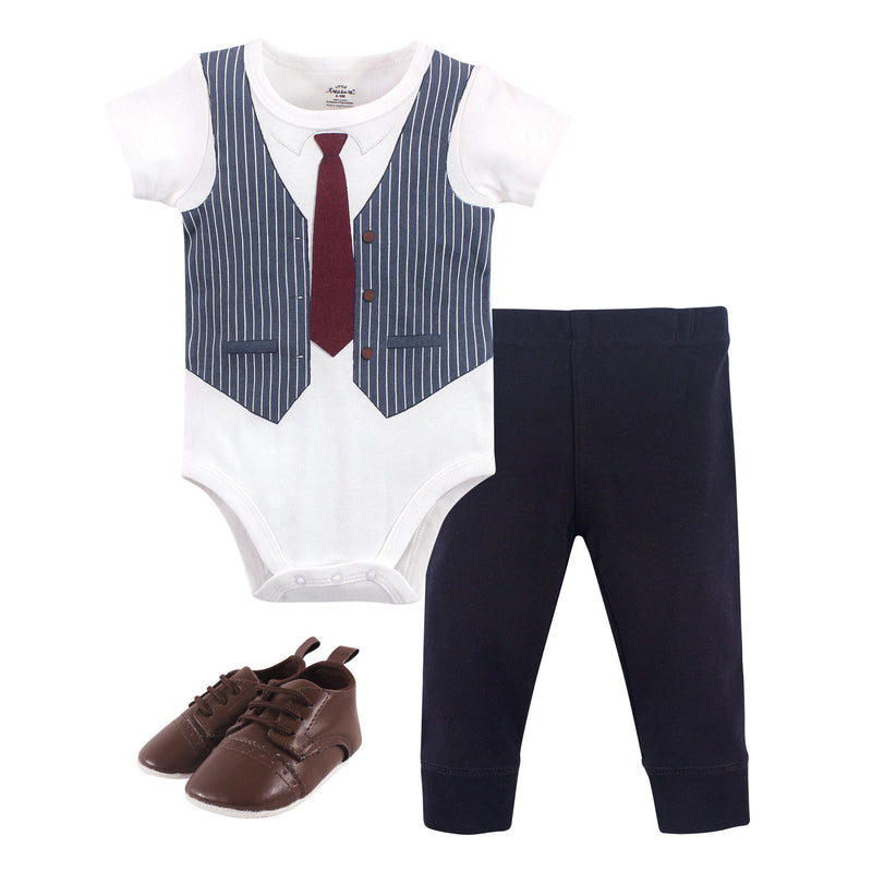 Little Treasure Cotton Bodysuit, Pant and Shoe Set, Navy Burgundy Vest