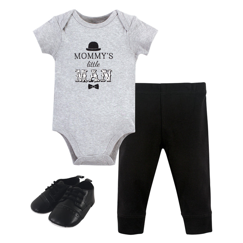 Little Treasure Cotton Bodysuit, Pant and Shoe Set, Mommys Man