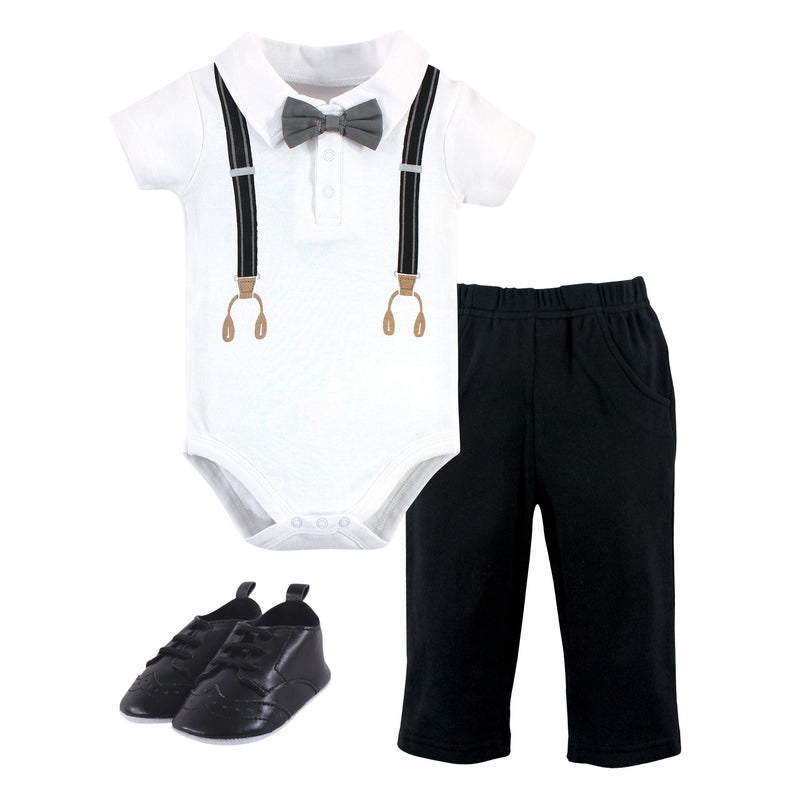 Little Treasure Cotton Bodysuit, Pant and Shoe Set, Black Brown Suspenders