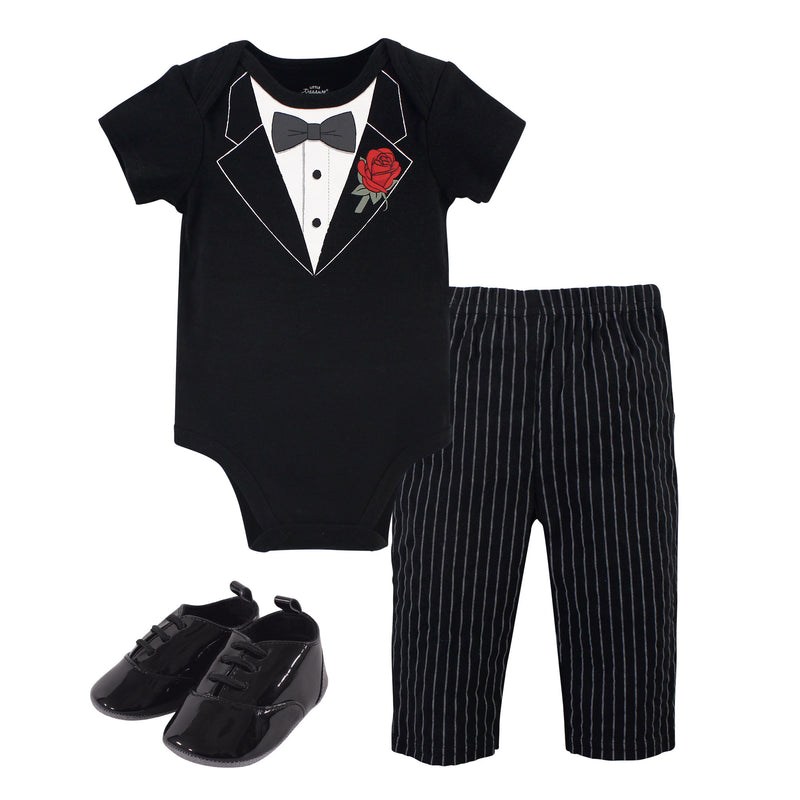 Little Treasure Cotton Bodysuit, Pant and Shoe Set, Tuxedo Rose
