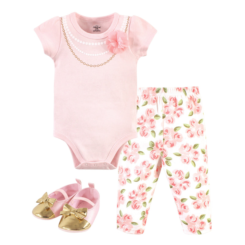 Little Treasure Cotton Bodysuit, Pant and Shoe Set, Pearl Floral