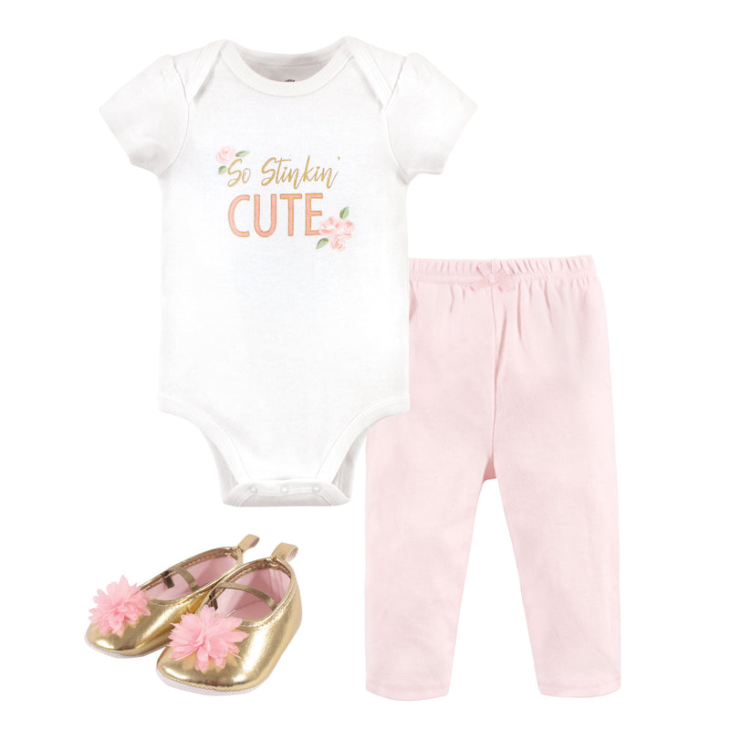 Little Treasure Cotton Bodysuit, Pant and Shoe Set, Stinkin Cute