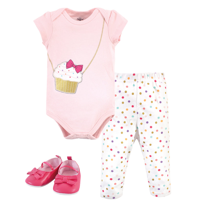 Little Treasure Cotton Bodysuit, Pant and Shoe Set, Cupcake