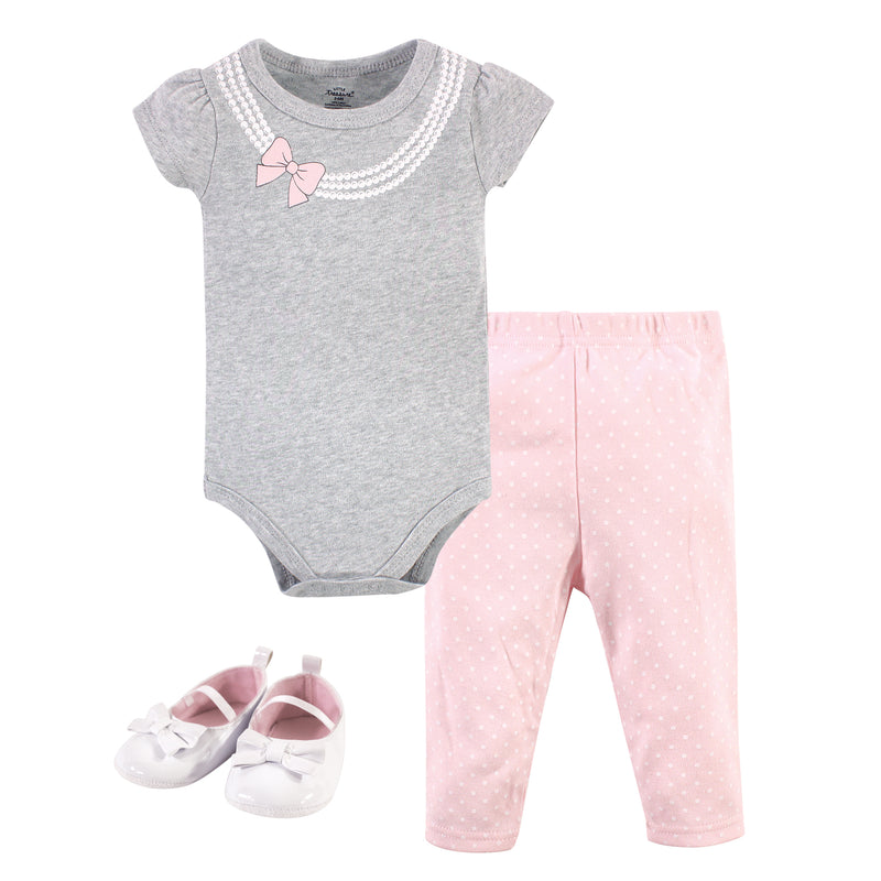 Little Treasure Cotton Bodysuit, Pant and Shoe Set, Gray Pink Pearls