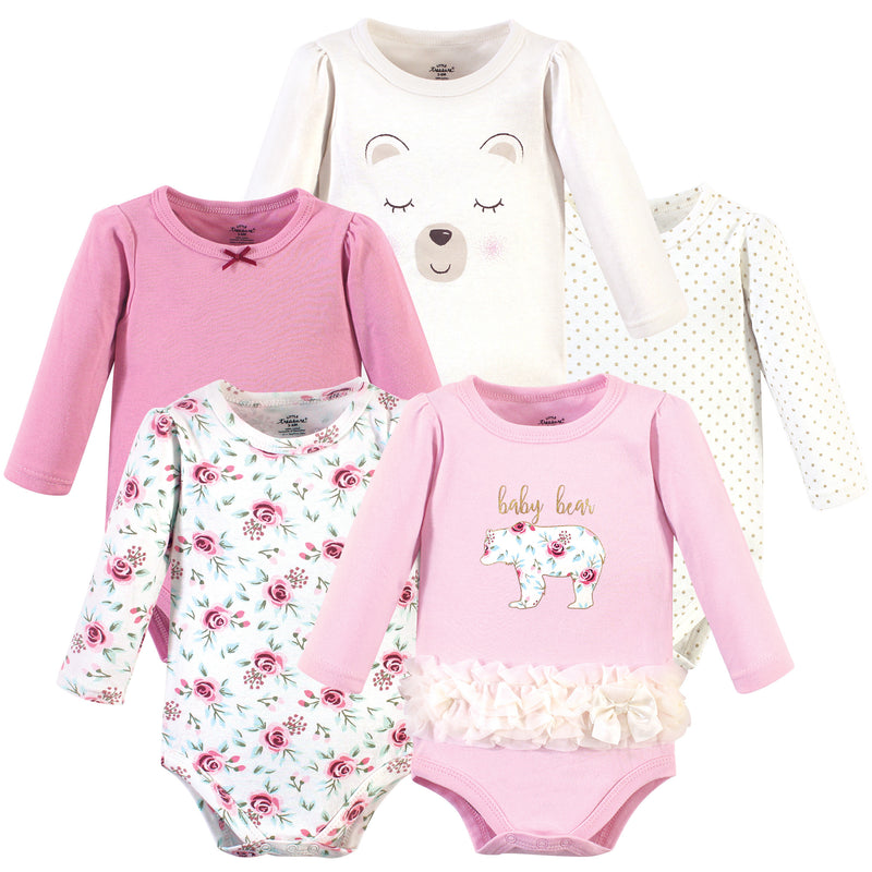 Little Treasure Cotton Bodysuits, Floral Baby Bear 5-Pack