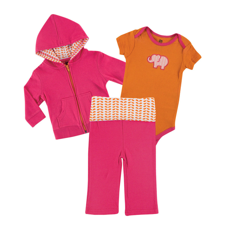 Yoga Sprout Cotton Hoodie, Bodysuit or Tee Top, and Pant, Pink Elephant Baby