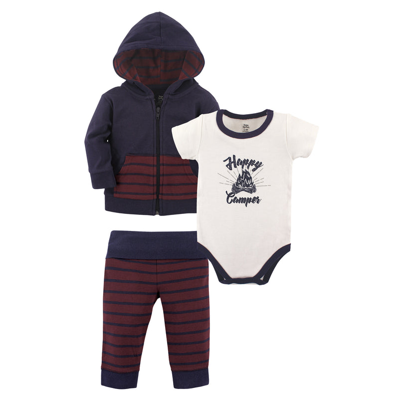 Yoga Sprout Cotton Hoodie, Bodysuit or Tee Top, and Pant, Happy Camper Baby